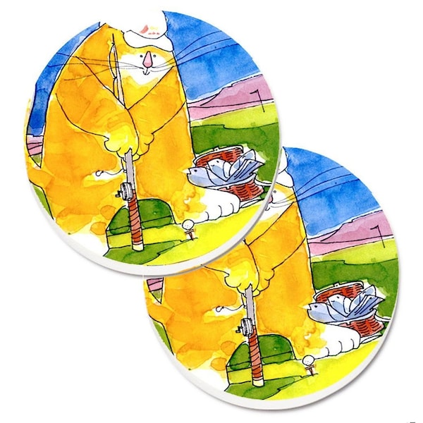 Carolines Treasures Big Cat golfing with a fishing pole Cup Holder Car Coaster, PK2 6105CARC - main